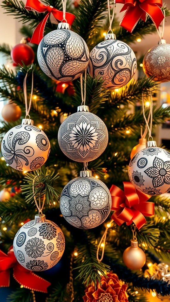 Zentangle Christmas Ornaments Craft Zentangle decorated Christmas ornaments hanging on a tree with colorful patterns.
